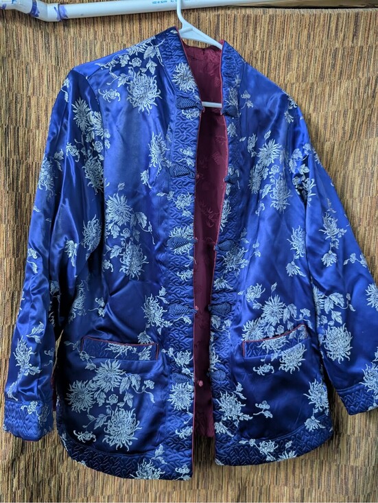 Jackets & Blazers - Vintage Blue Satin Floral Embroidered Jacket with Maroon Lining